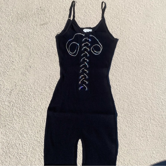 Black Rhinestone String Shorts Romper - Picture 3 of 3